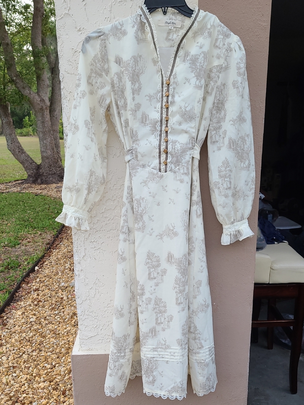 Simple Retro Vintage Wrap Dress Midi Tie Beige Cream Zipper M Ruffle Long Sleeve